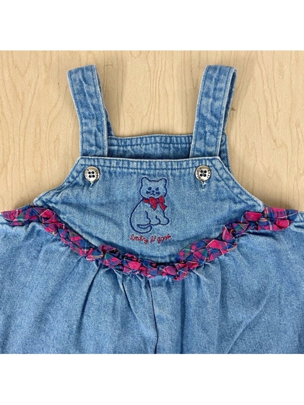 Vintage OshKosh Denim Overalls Girls 18M Cat Embroidered Plaid Ruffles B’Gosh